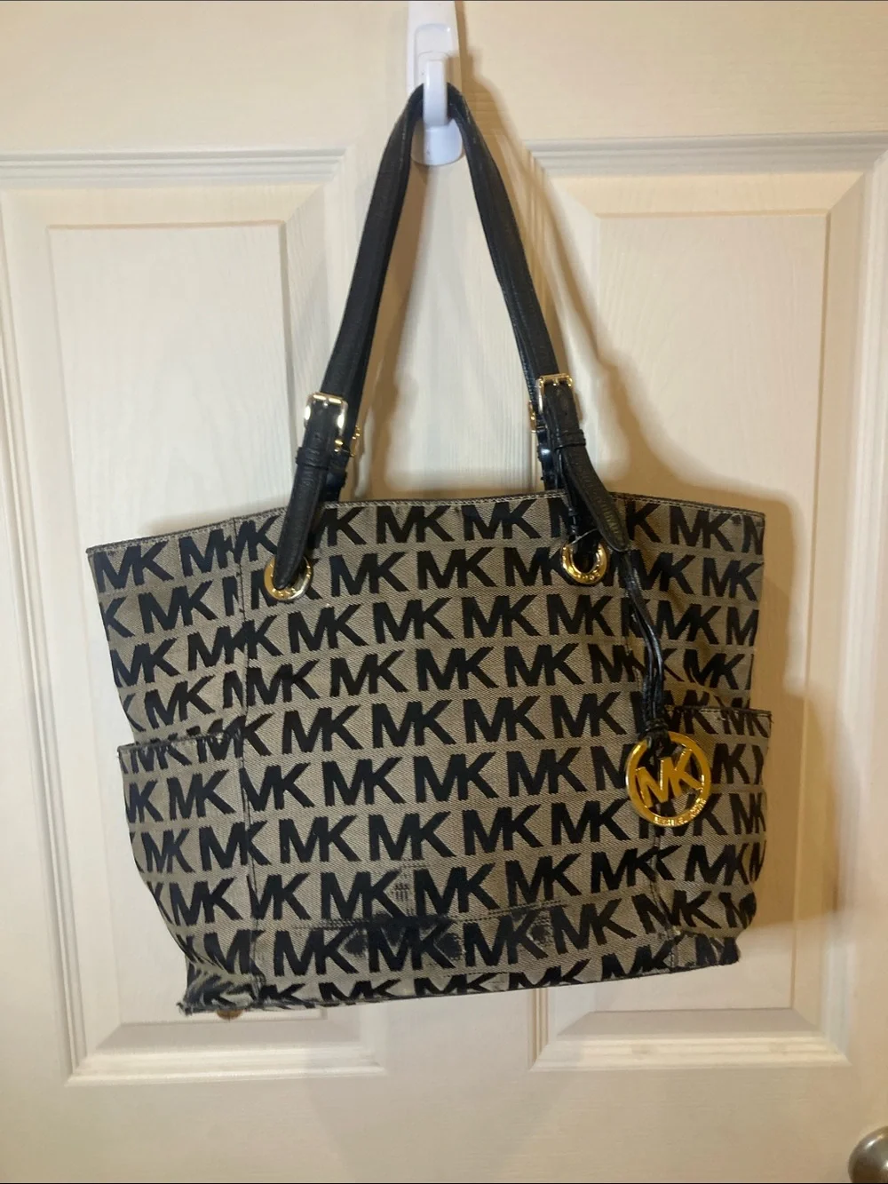 Michael Kors Black and Tan MK Logo Tote with Gold Charm